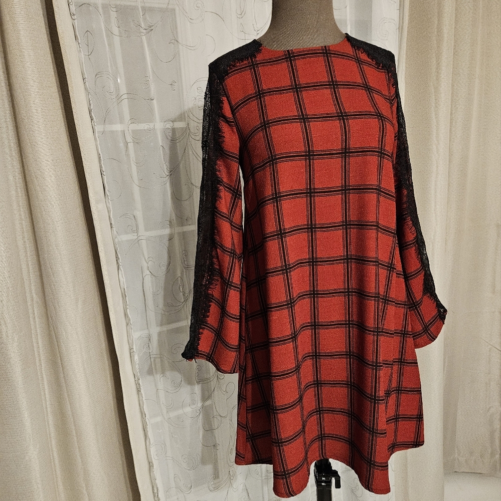 Gianni Bini Red Black Lace Plaid Whimsigoth Business Casual Midi Dress XS - Picture 13 of 16